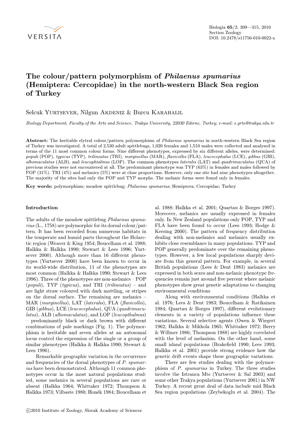 Hemiptera: Cercopidae) in the North-Western Black Sea Region of Turkey