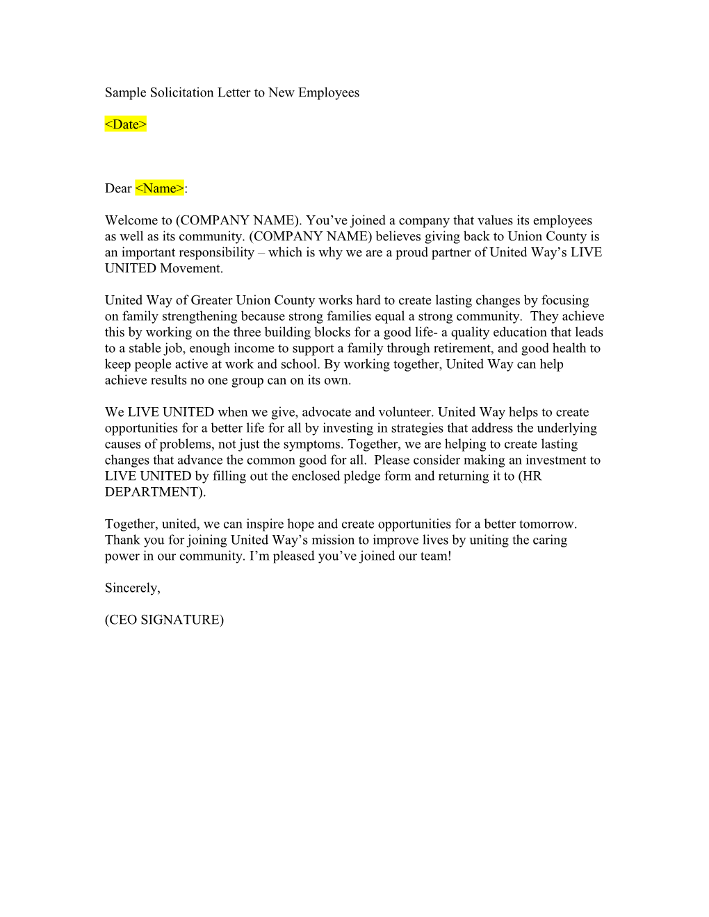 Sample Solicitation Letter to New Employees