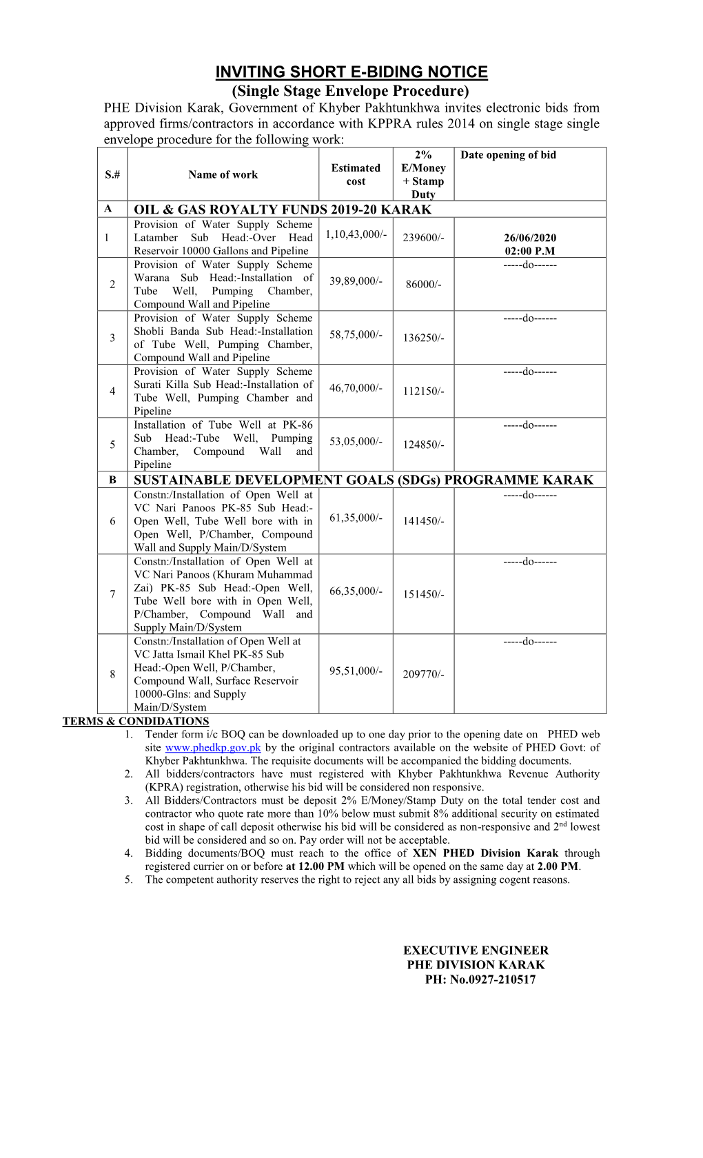 INVITING SHORT E-BIDING NOTICE (Single Stage Envelope Procedure)