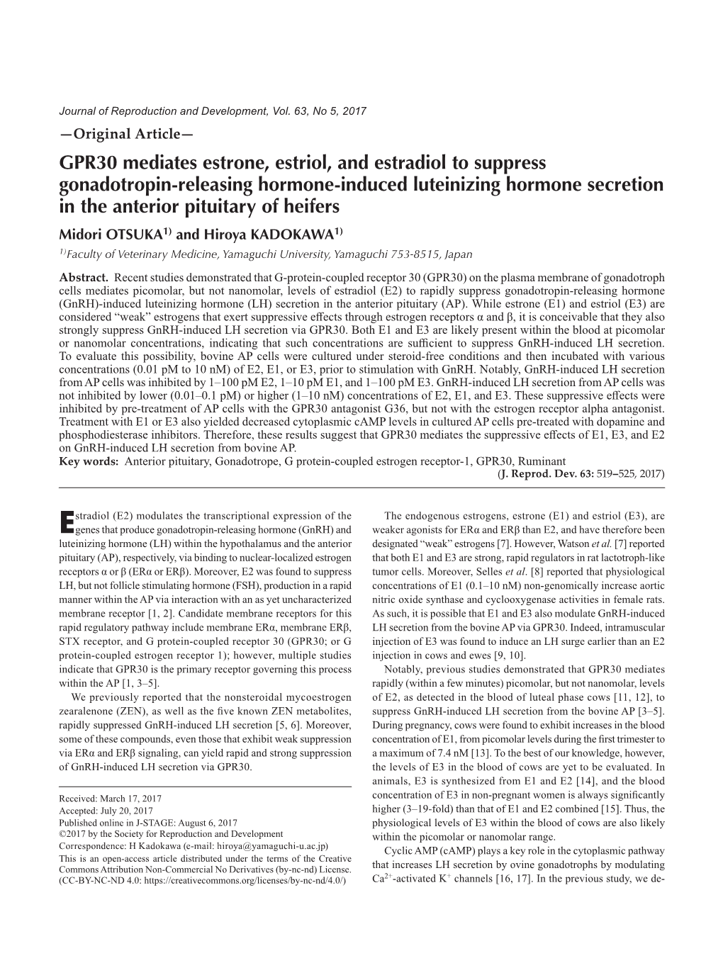 GPR30 Mediates Estrone, Estriol, and Estradiol to Suppress Gonadotropin