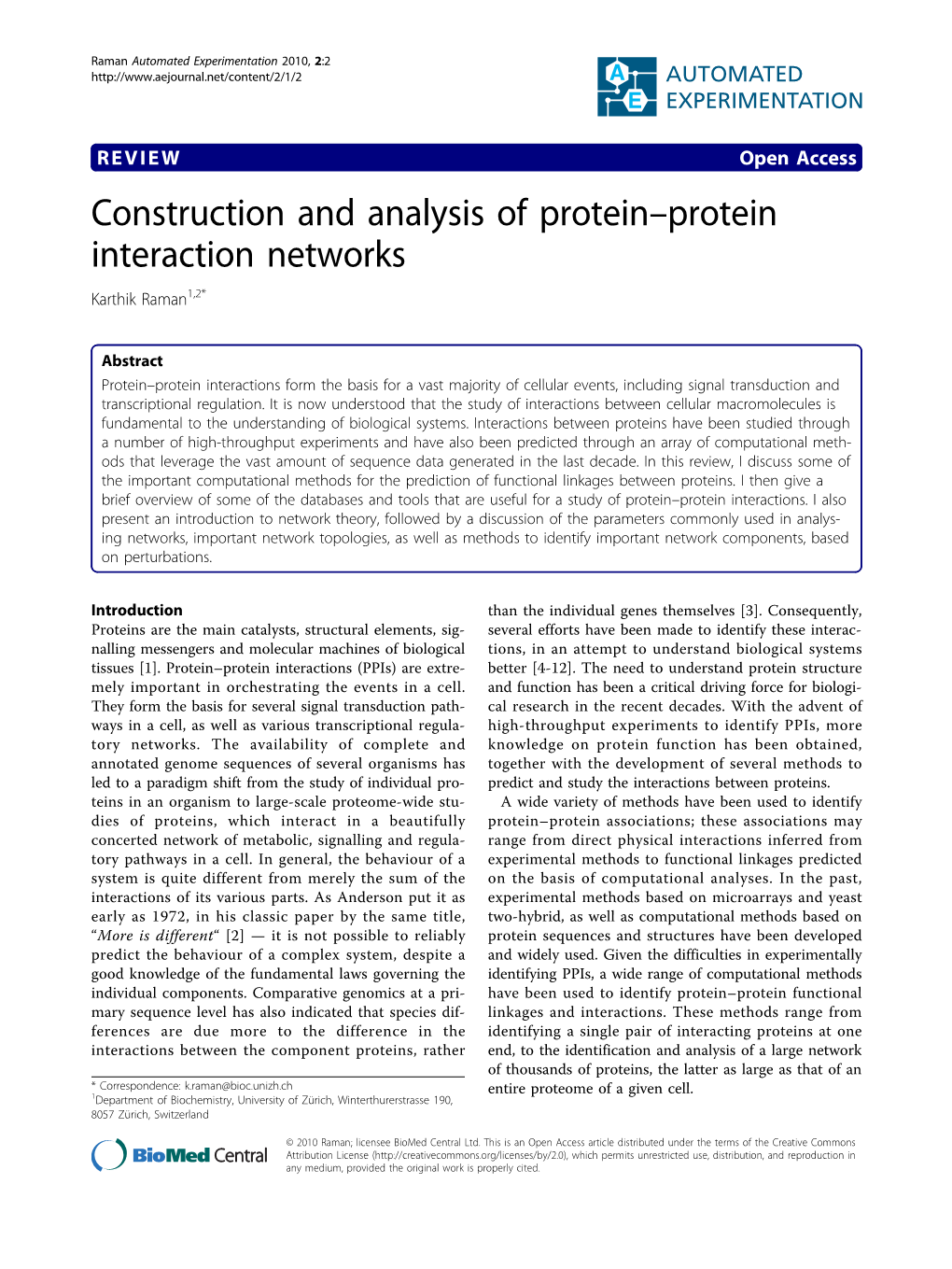 Construction and Analysis of Protein-Protein Interaction Networks