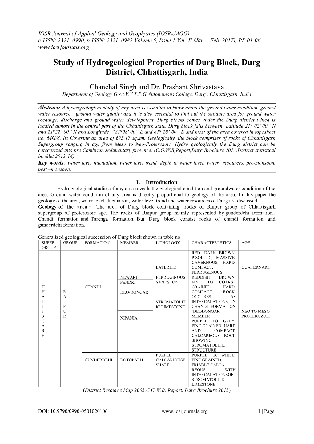 Study of Hydrogeological Properties of Durg Block, Durg District, Chhattisgarh, India