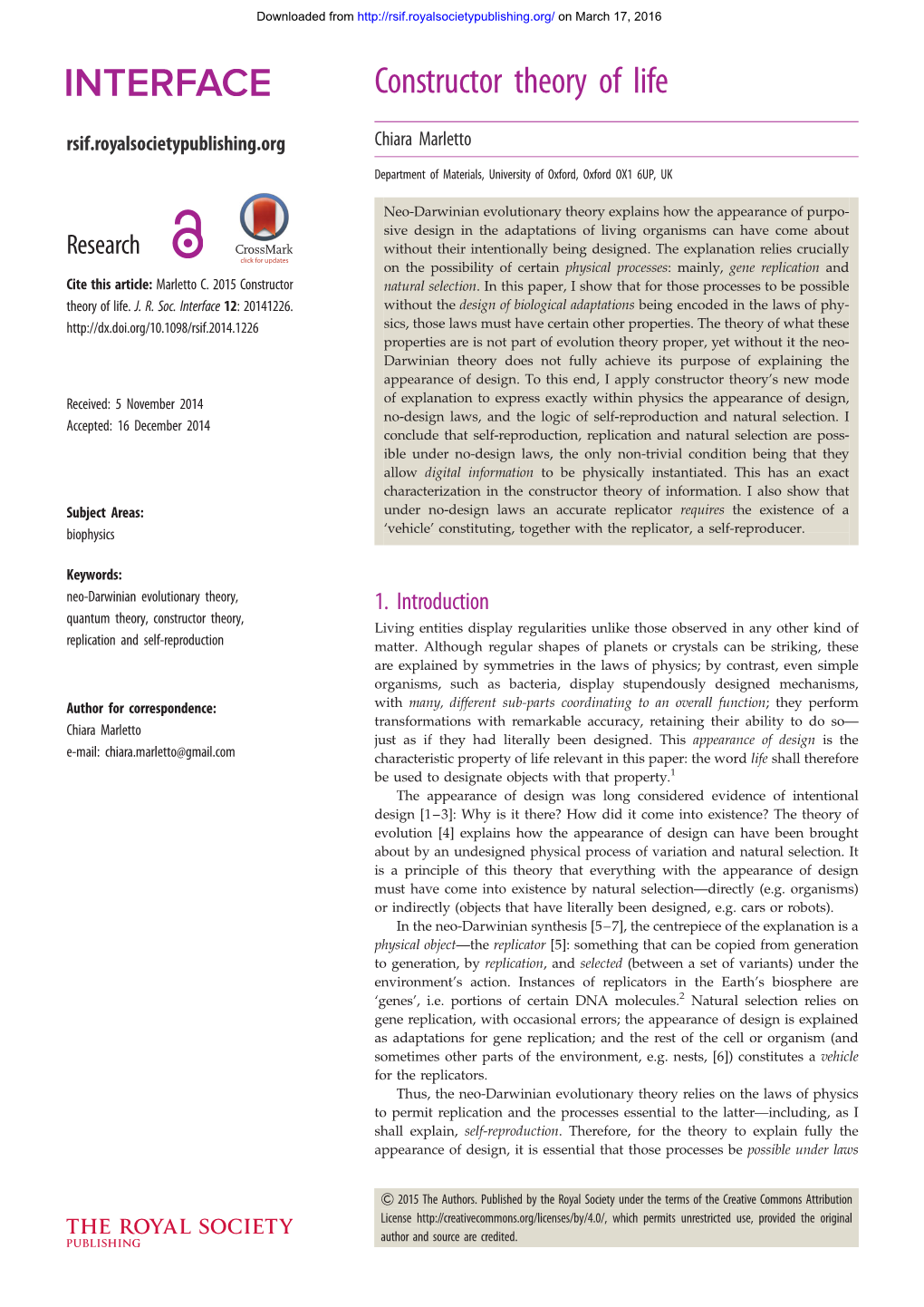 Constructor Theory of Life Rsif.Royalsocietypublishing.Org Chiara Marletto Department of Materials, University of Oxford, Oxford OX1 6UP, UK