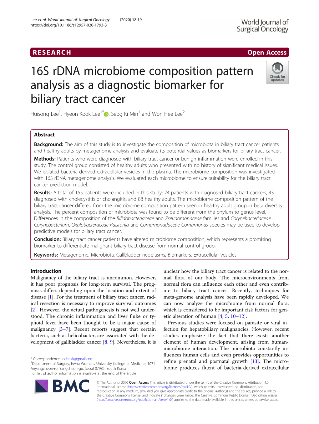 16S Rdna Microbiome Composition Pattern Analysis As a Diagnostic Biomarker for Biliary Tract Cancer Huisong Lee1, Hyeon Kook Lee1* , Seog Ki Min1 and Won Hee Lee2