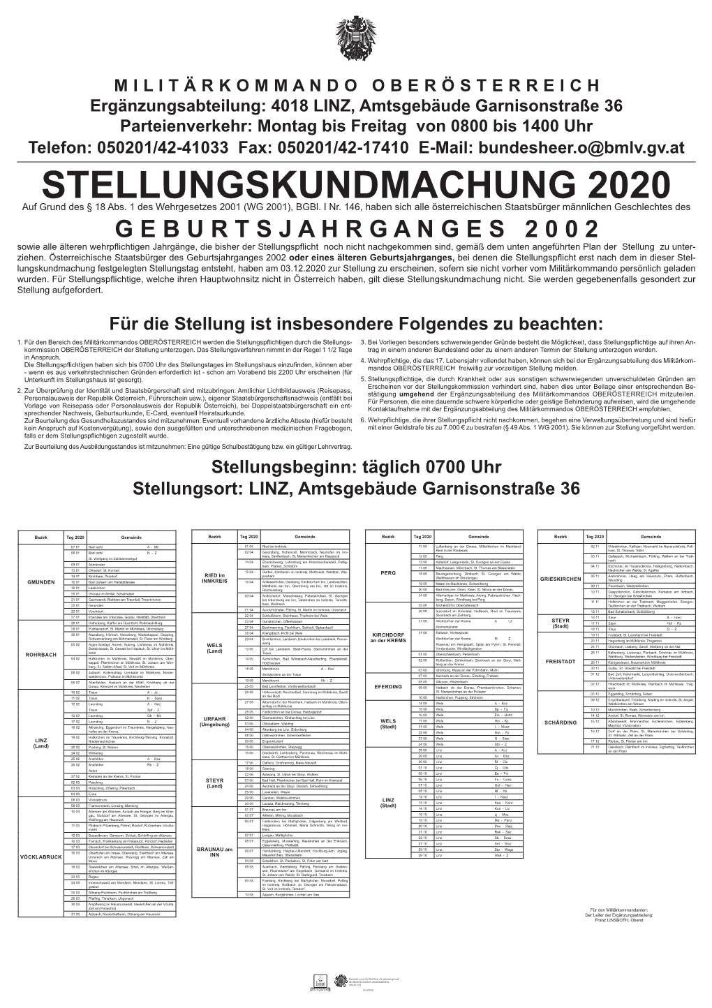 Stellungskundmachung 2020 OÖ