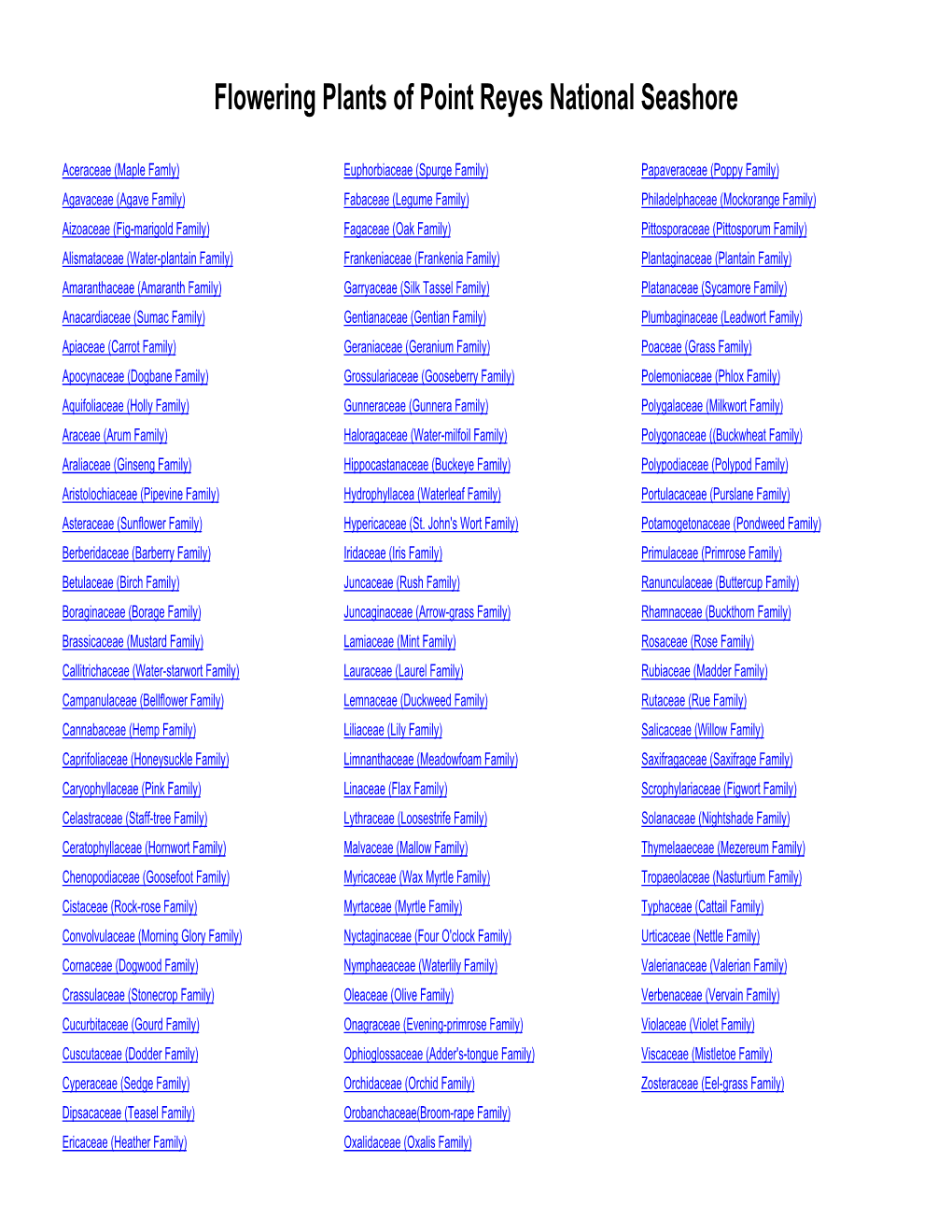 Point Reyes National Seashore Flowering Plants Species List