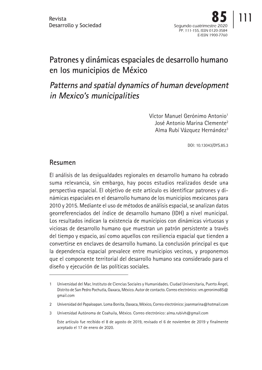 Patrones Y Dinámicas Espaciales De Desarrollo Humano En Los Municipios De México Patterns and Spatial Dynamics of Human Development in Mexico’S Municipalities