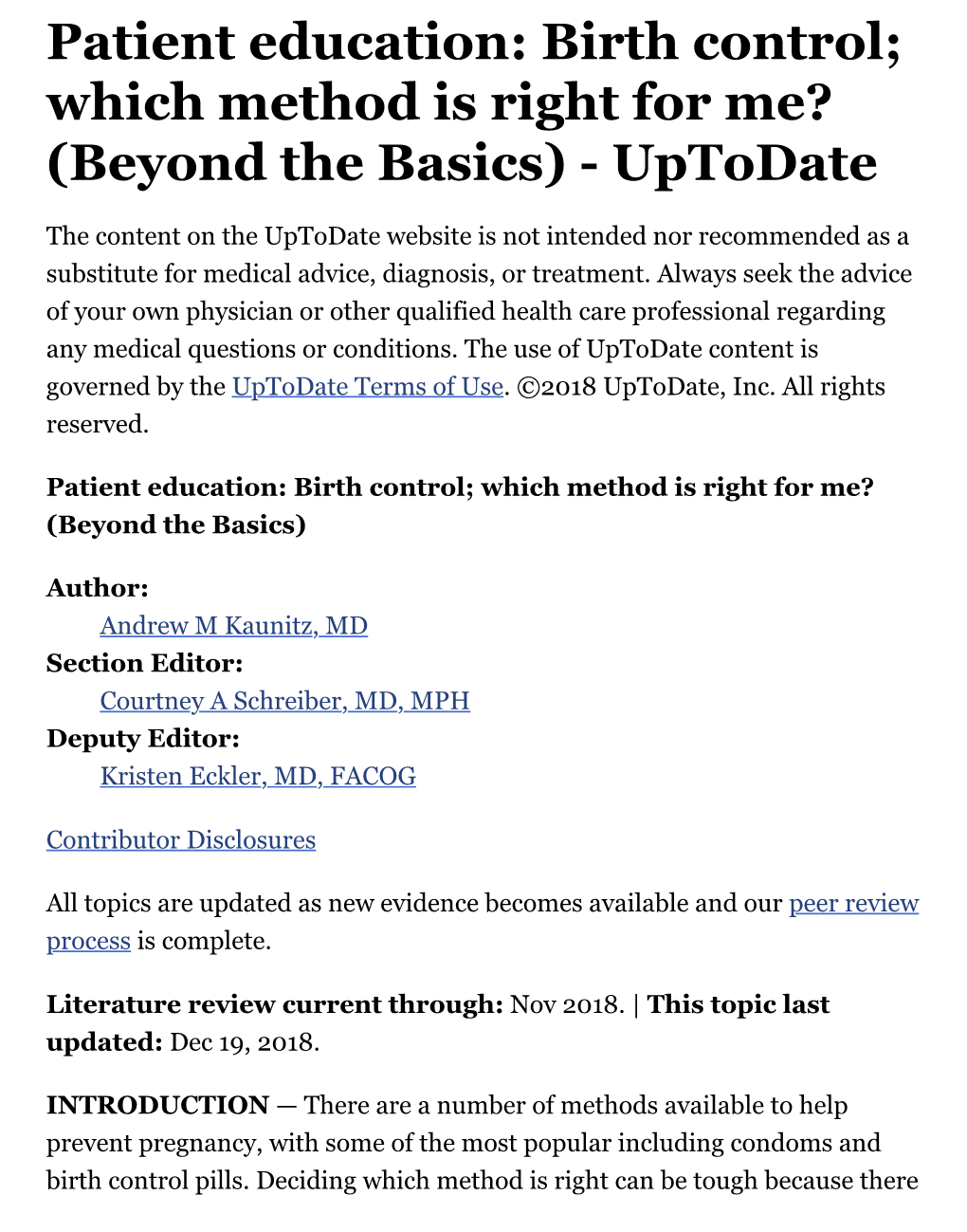 Birth Control; Which Method Is Right for Me? (Beyond the Basics) - Uptodate
