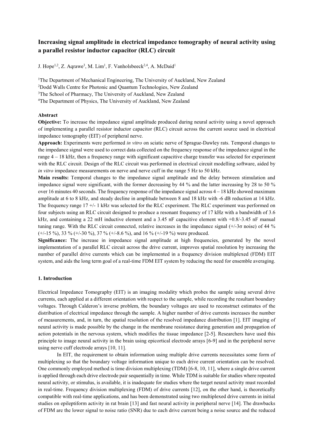 Increasing Signal Amplitude in Electrical Impedance Tomography of Neural Activity Using a Parallel Resistor Inductor Capacitor (RLC) Circuit