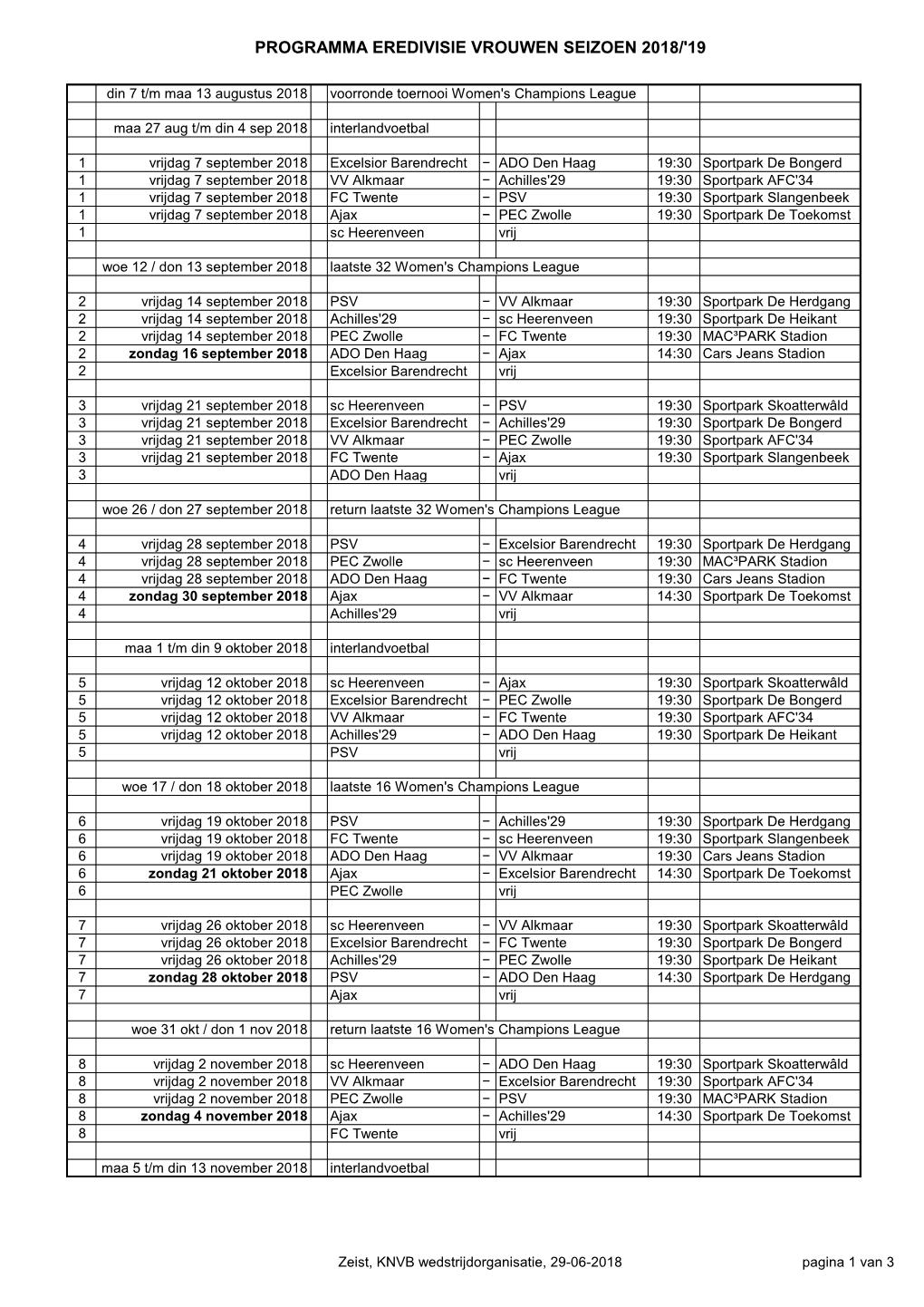 Programma Eredivisie Vrouwen Seizoen 2018/'19