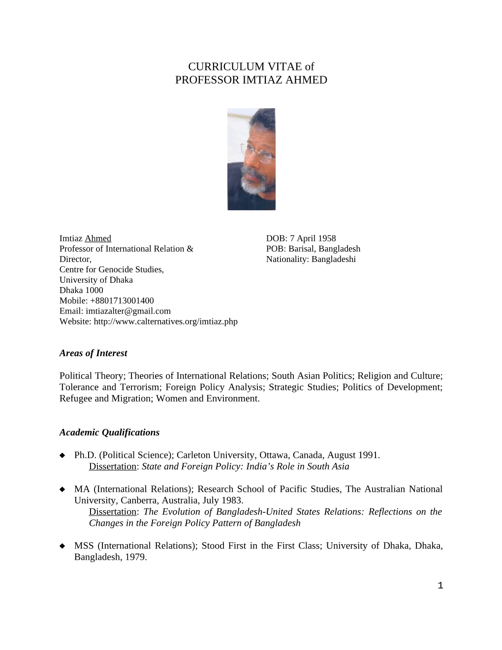 CURRICULUM VITAE of PROFESSOR IMTIAZ AHMED