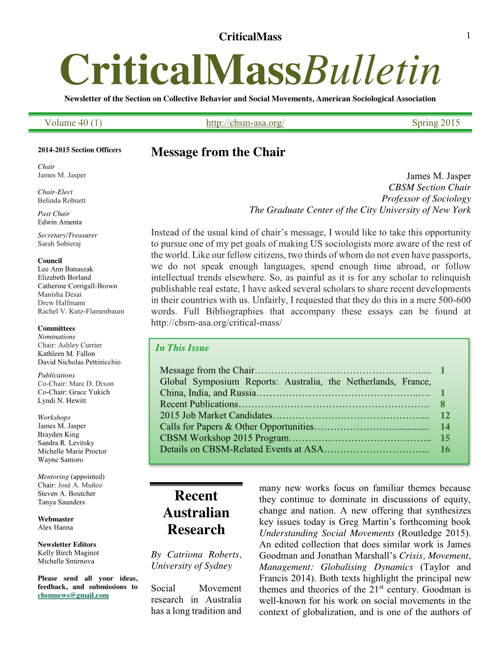 Criticalmassbulletin Newsletter of the Section on Collective Behavior and Social Movements, American Sociological Association