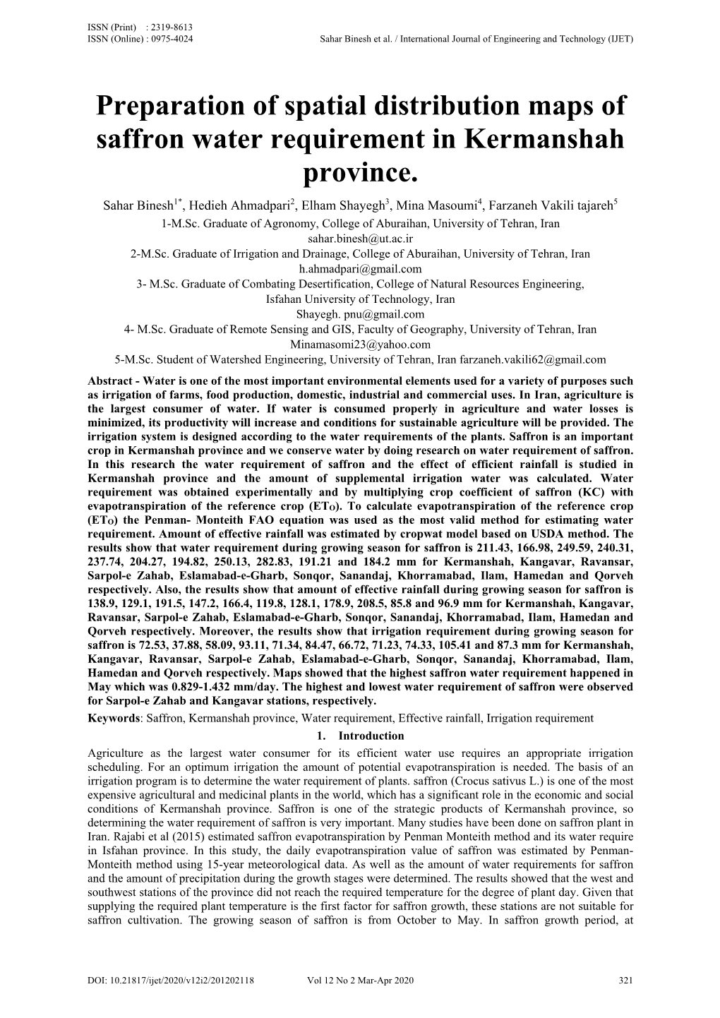 Preparation of Spatial Distribution Maps of Saffron Water Requirement in Kermanshah Province