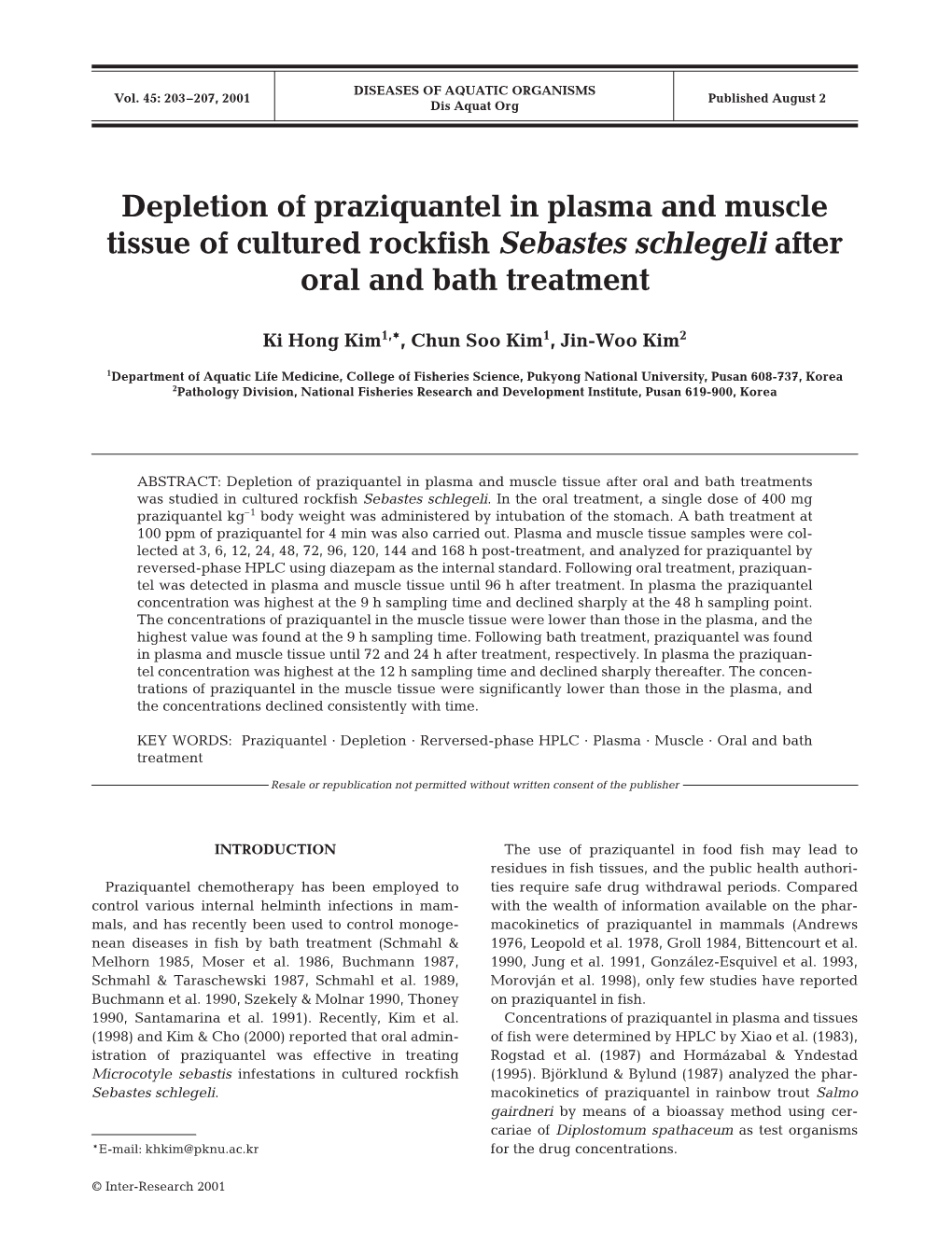 Depletion of Praziquantel in Plasma and Muscle Tissue of Cultured Rockfish Sebastes Schlegeli After Oral and Bath Treatment