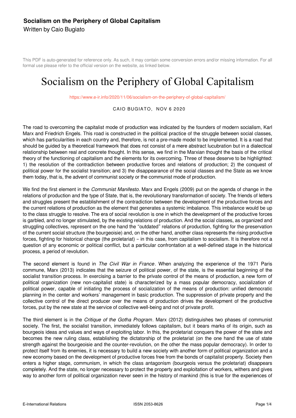 Socialism on the Periphery of Global Capitalism Written by Caio Bugiato