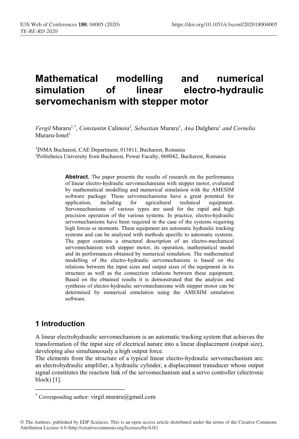 Mathematical Modelling and Numerical Simulation of Linear Electro-Hydraulic Servomechanism with Stepper Motor