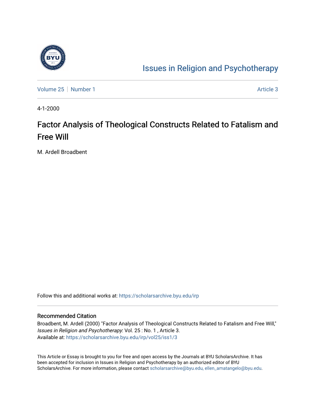 Factor Analysis of Theological Constructs Related to Fatalism and Free Will