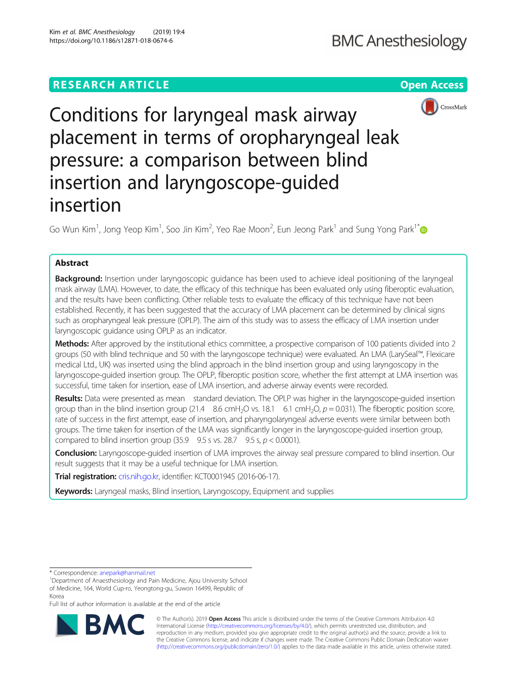 Conditions for Laryngeal Mask Airway Placement in Terms of Oropharyngeal Leak Pressure: a Comparison Between Blind Insertion