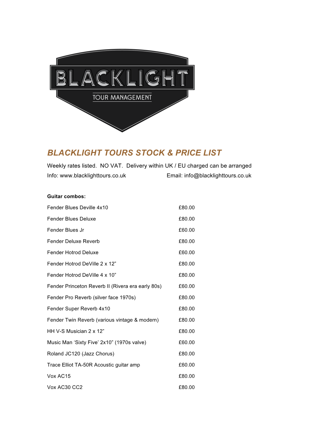 Blacklight Tours Stock & Price List