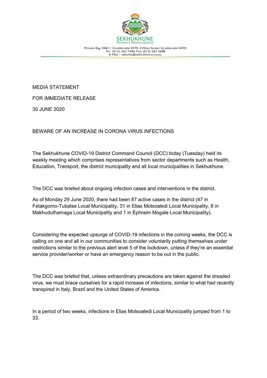 Media Statement for Immediate Release 30 June