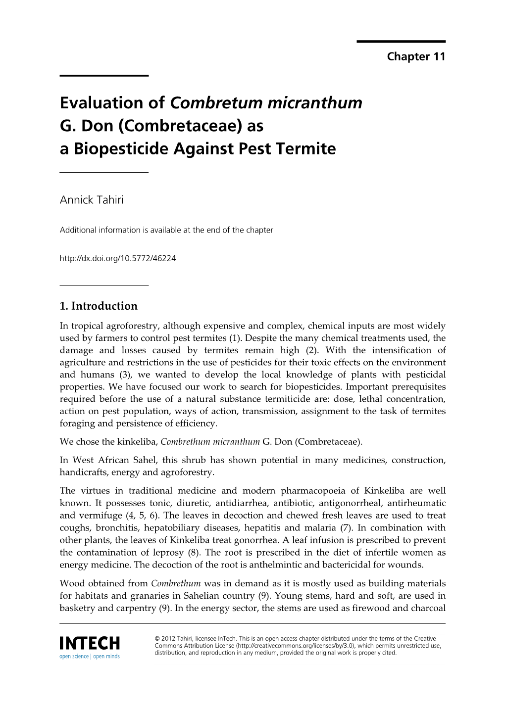 Evaluation of Combretum Micranthum G. Don (Combretaceae) As a Biopesticide Against Pest Termite
