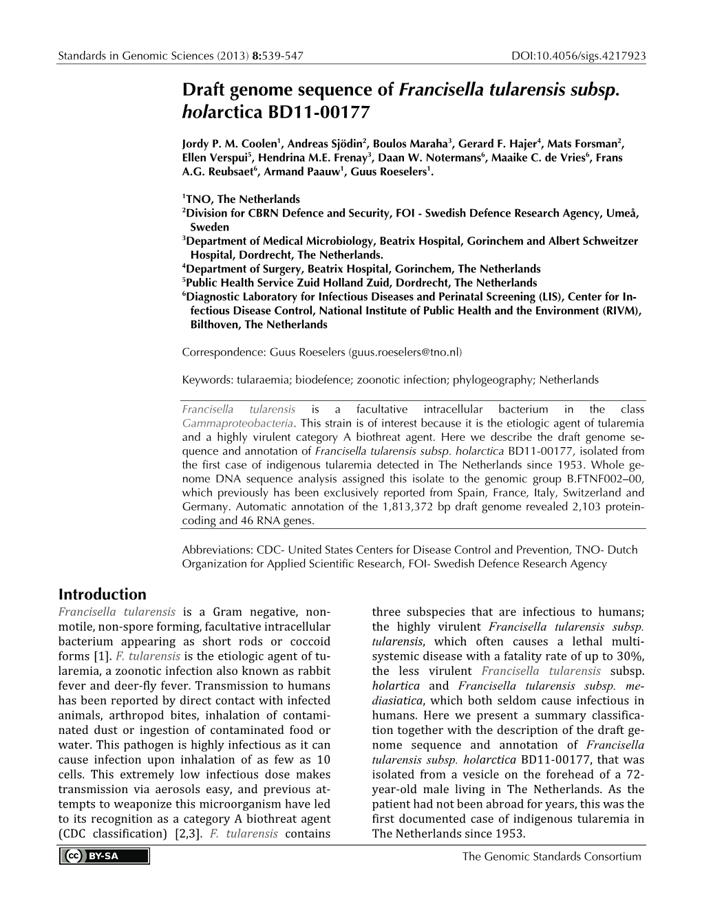 Francisella Tularensis Subsp. Holarctica BD11-00177