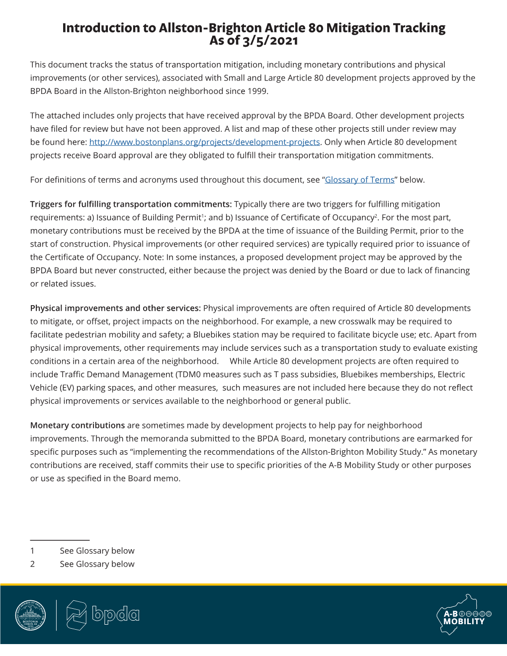 Introduction to Allston-Brighton Article 80 Mitigation Tracking As of 3/5/2021