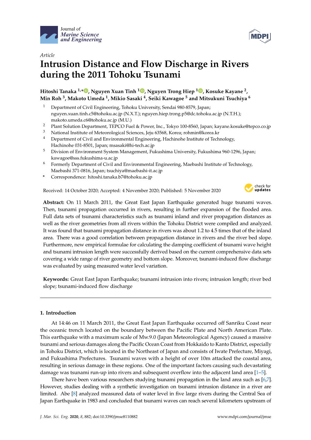 Intrusion Distance and Flow Discharge in Rivers During the 2011 Tohoku Tsunami