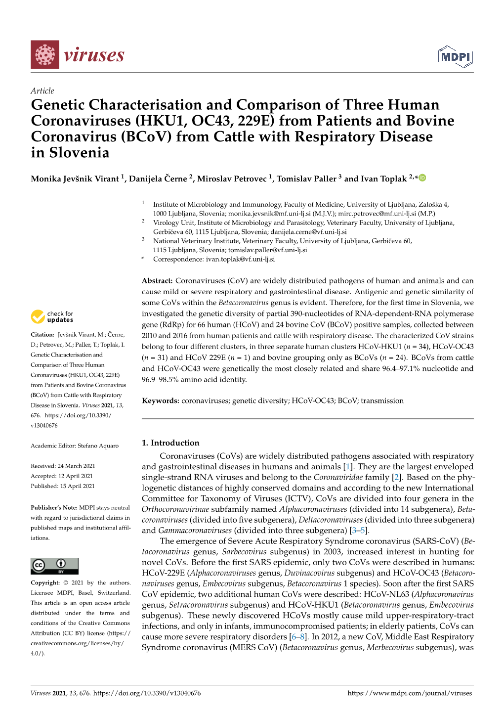 (HKU1, OC43, 229E) from Patients and Bovine Coronavirus (Bcov) from Cattle with Respiratory Disease in Slovenia