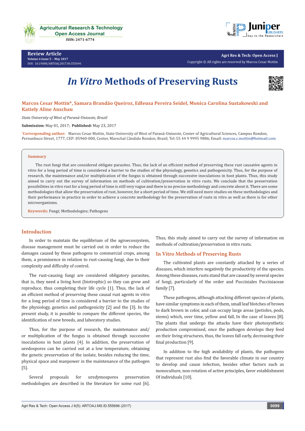 In Vitro Methods of Preserving Rusts