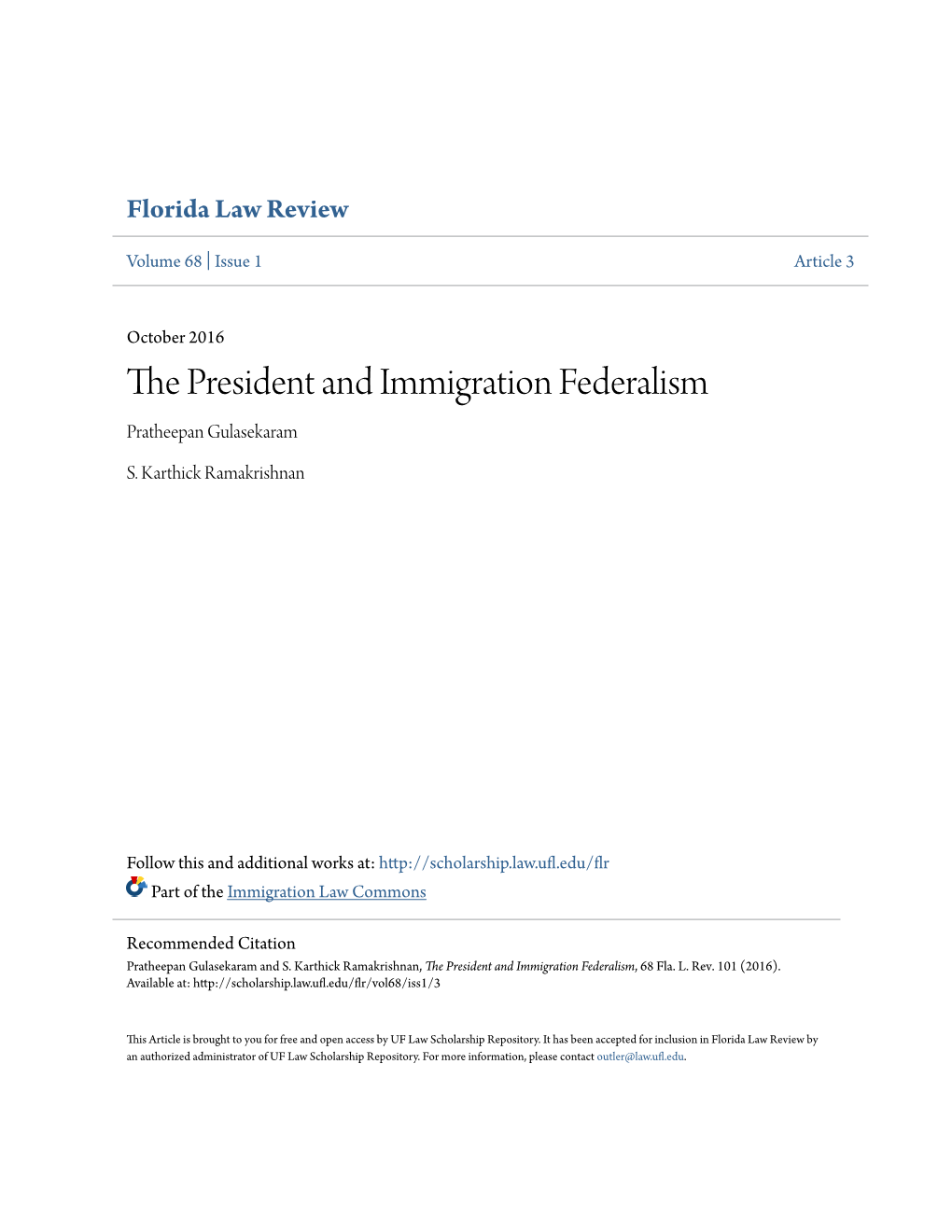 The President and Immigration Federalism, 68 Fla