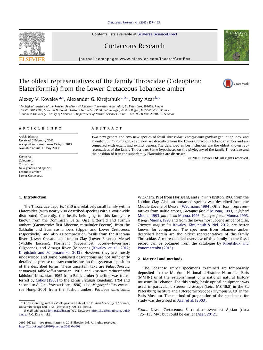 The Oldest Representatives of the Family Throscidae (Coleoptera: Elateriformia) from the Lower Cretaceous Lebanese Amber