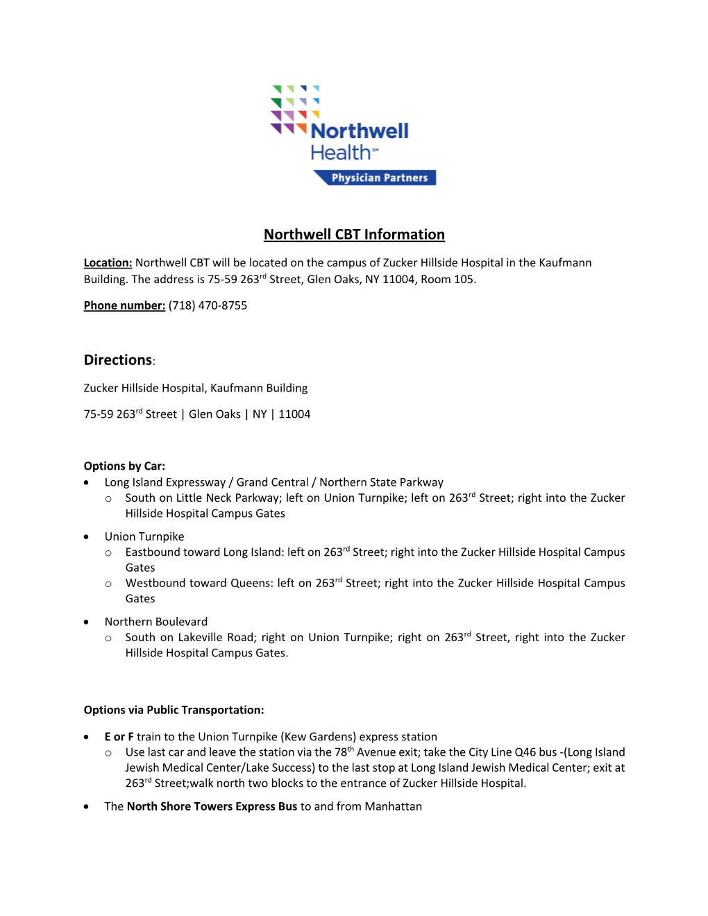 Northwell CBT Information Directions