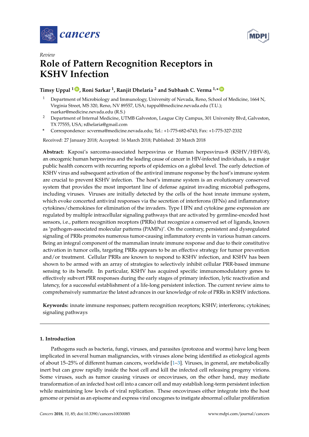 Role of Pattern Recognition Receptors in KSHV Infection