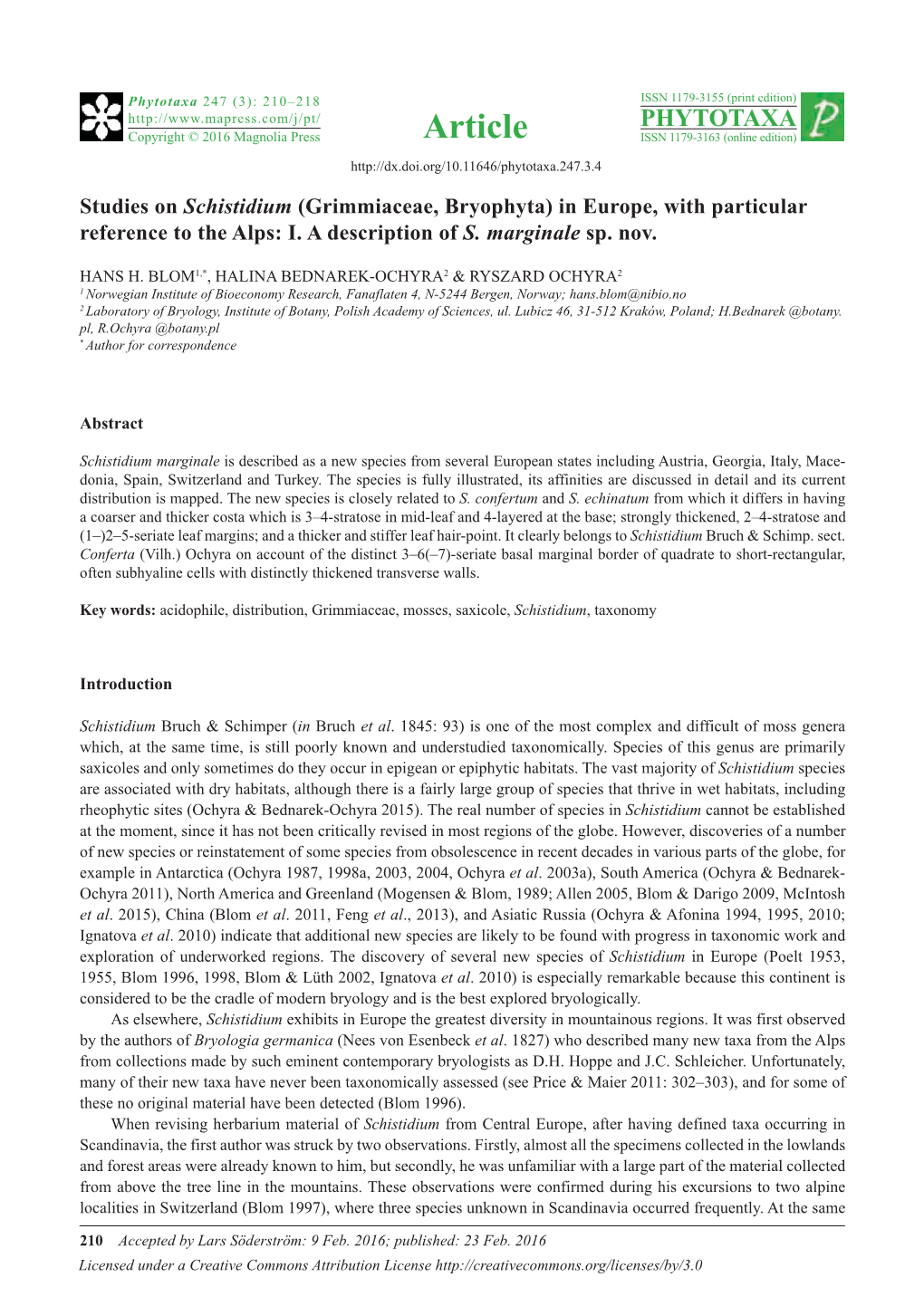 Studies on Schistidium (Grimmiaceae, Bryophyta) in Europe, with Particular Reference to the Alps: I. a Description of S. Marginale Sp