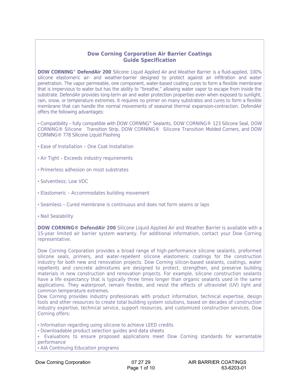 Dow Corning Corporation Air Barrier Coatings - Guide Specification