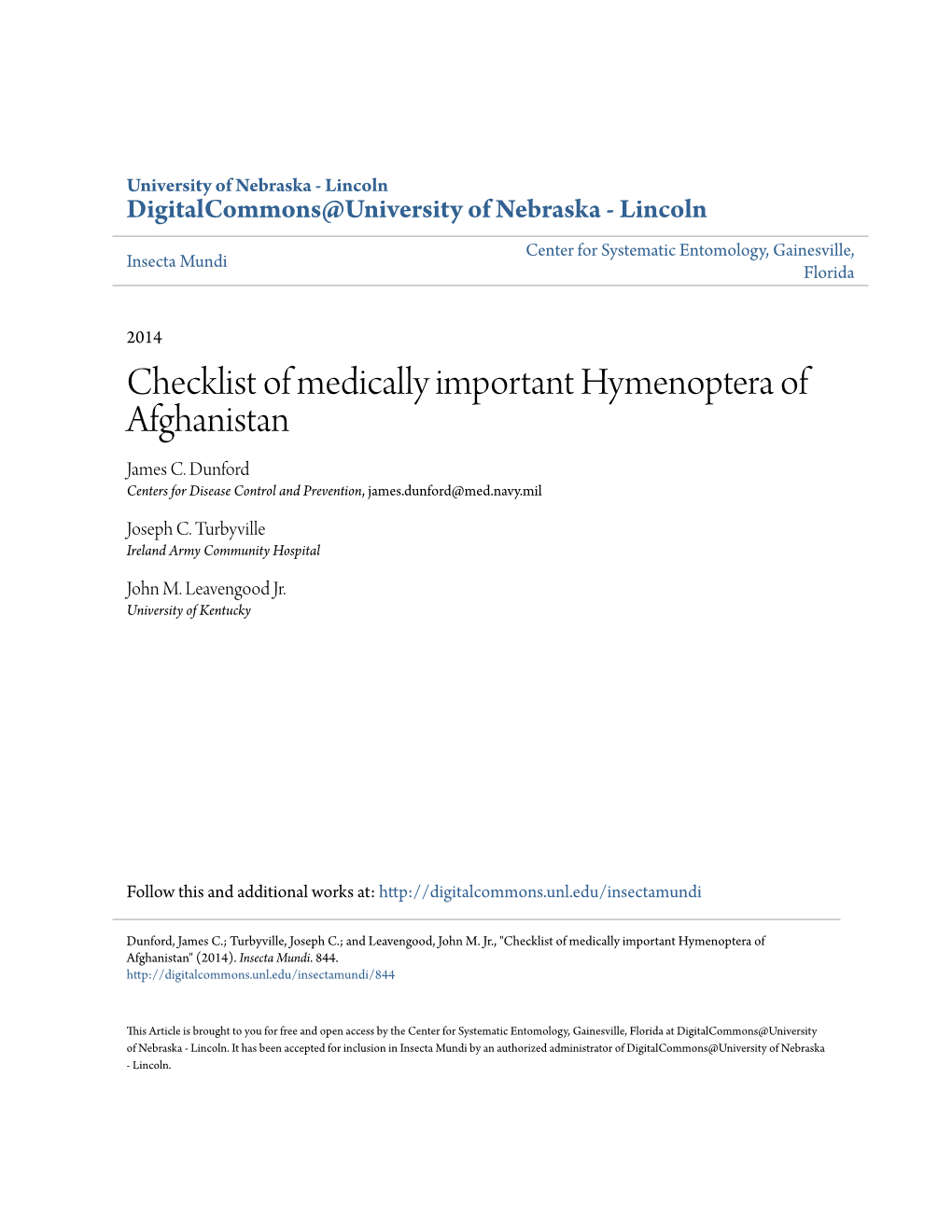 Checklist of Medically Important Hymenoptera of Afghanistan James C