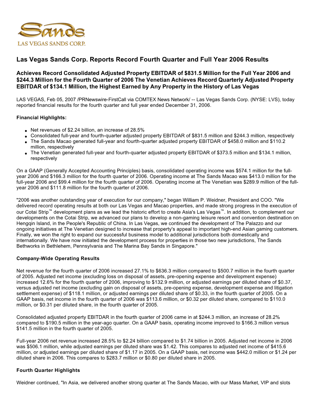 Las Vegas Sands Corp. Reports Record Fourth Quarter and Full Year 2006 Results