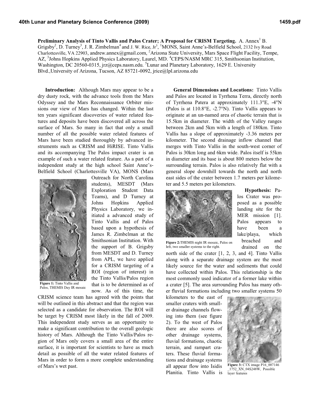 Preliminary Analysis of Tinto Vallis and Palos Crater; a Proposal for CRISM Targeting