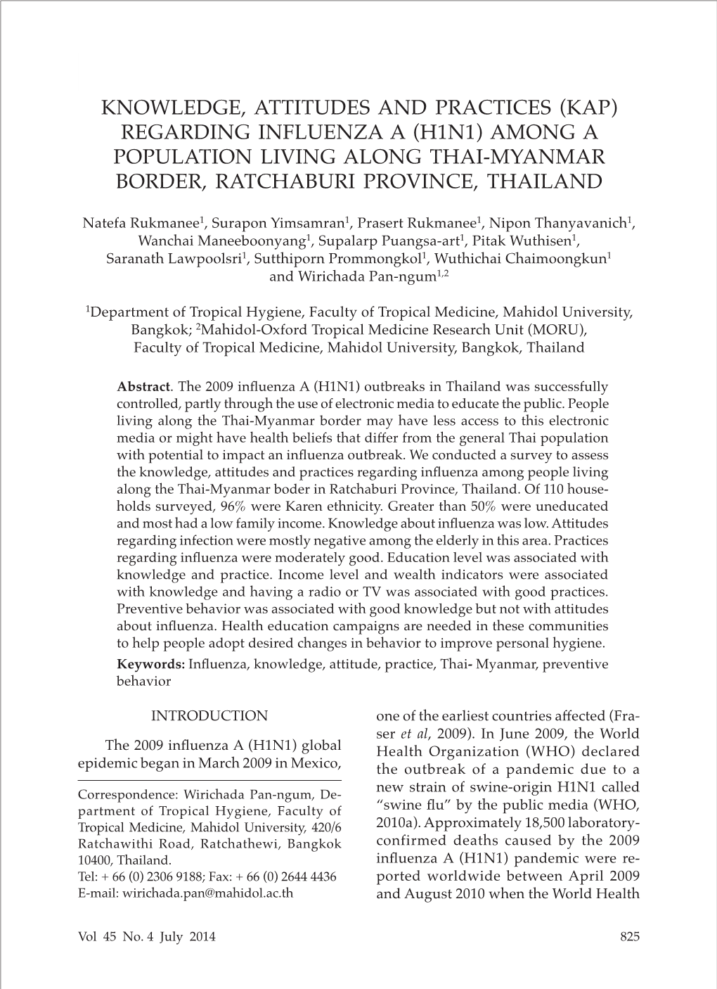 (Kap) Regarding Influenza a (H1n1) Among a Population Living Along Thai-Myanmar Border, Ratchaburi Province, Thailand