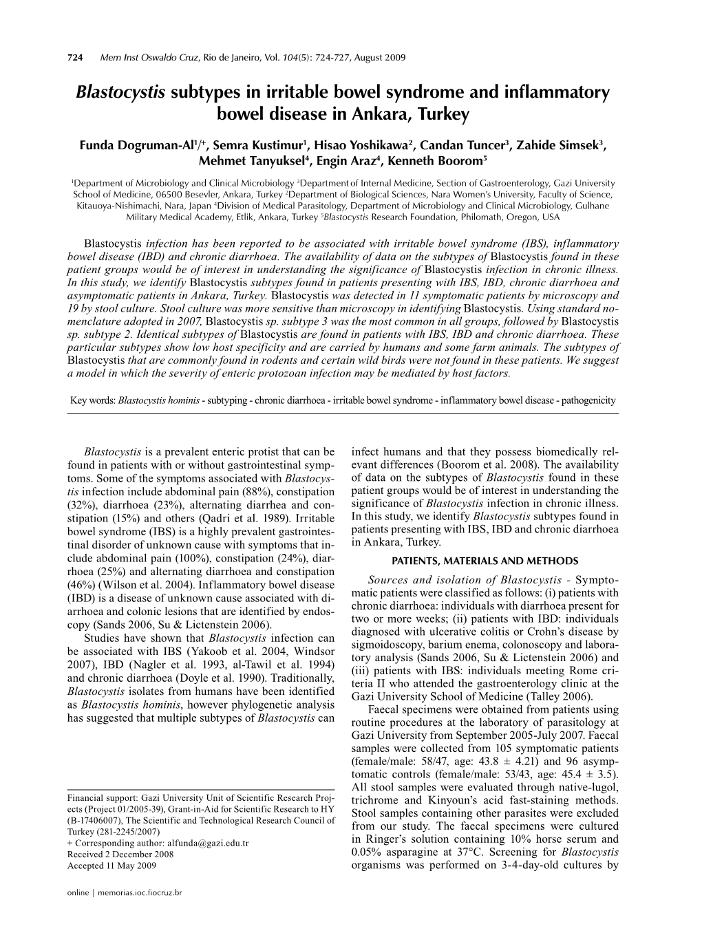 Blastocystis Subtypes in Irritable Bowel Syndrome and Inflammatory Bowel Disease in Ankara, Turkey