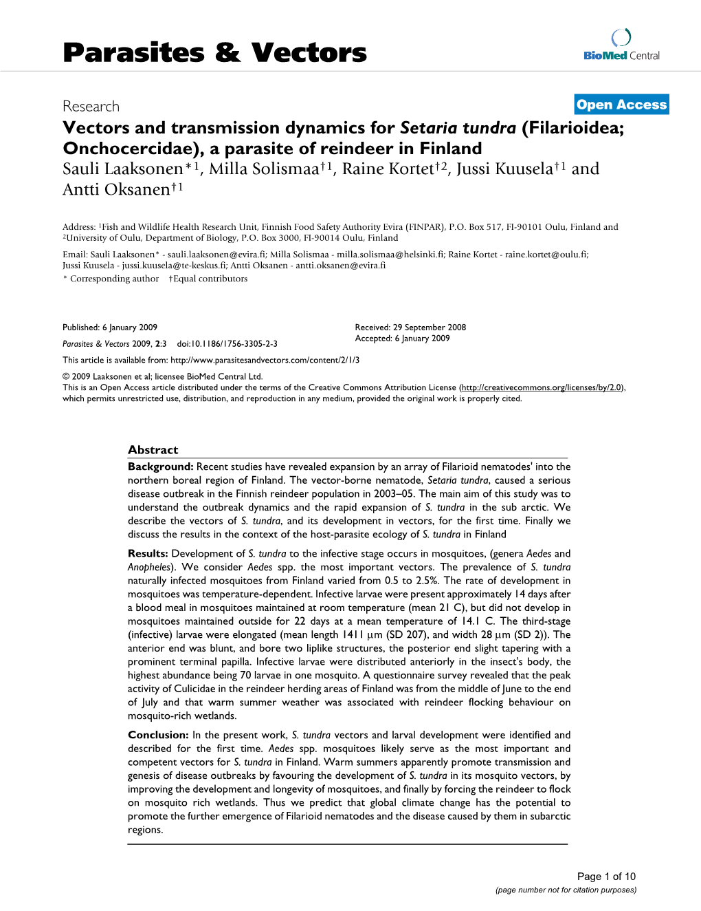 Vectors and Transmission Dynamics for Setaria Tundra (Filarioidea