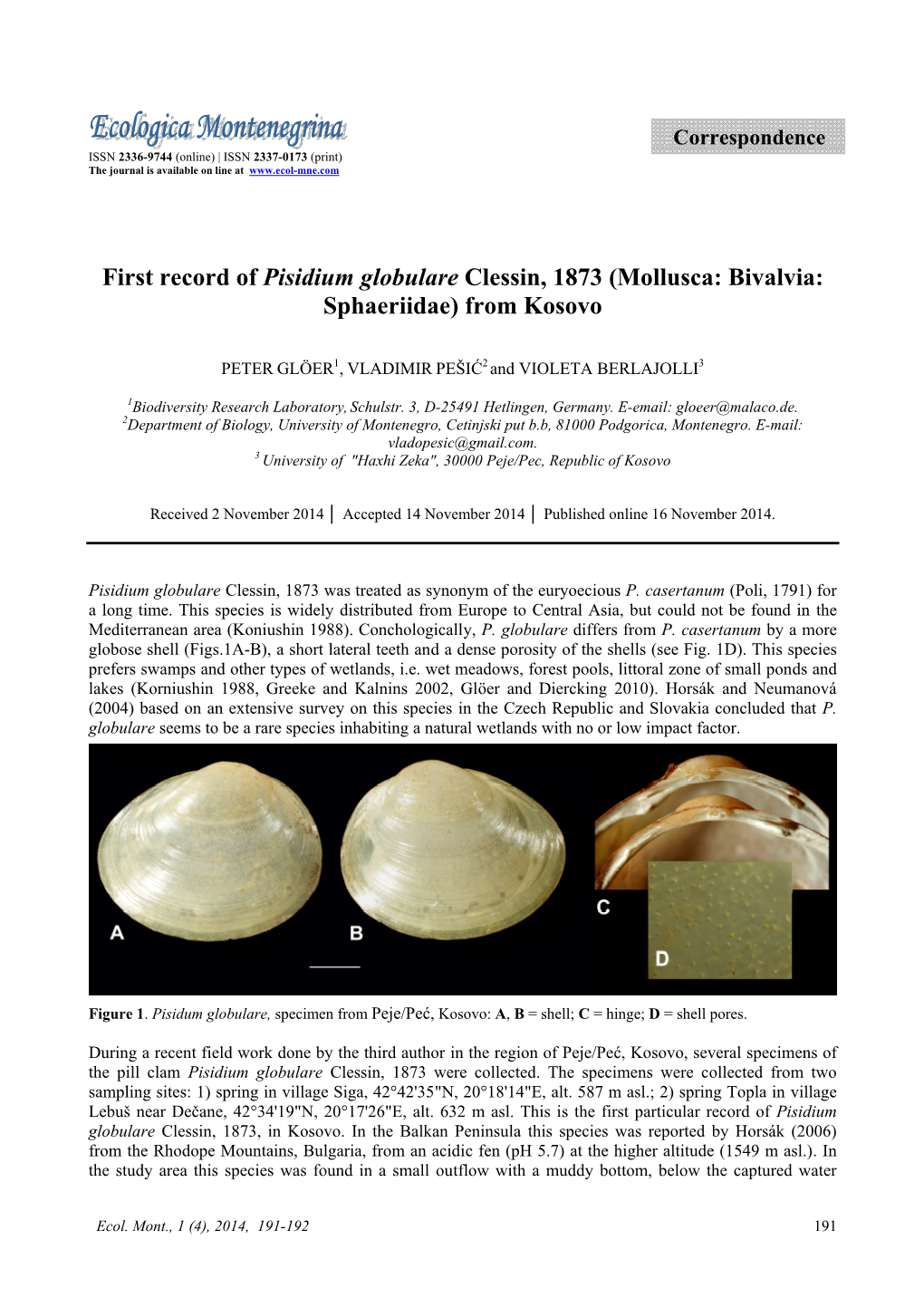 First Record of Pisidium Globulare Clessin, 1873 (Mollusca: Bivalvia: Sphaeriidae) from Kosovo