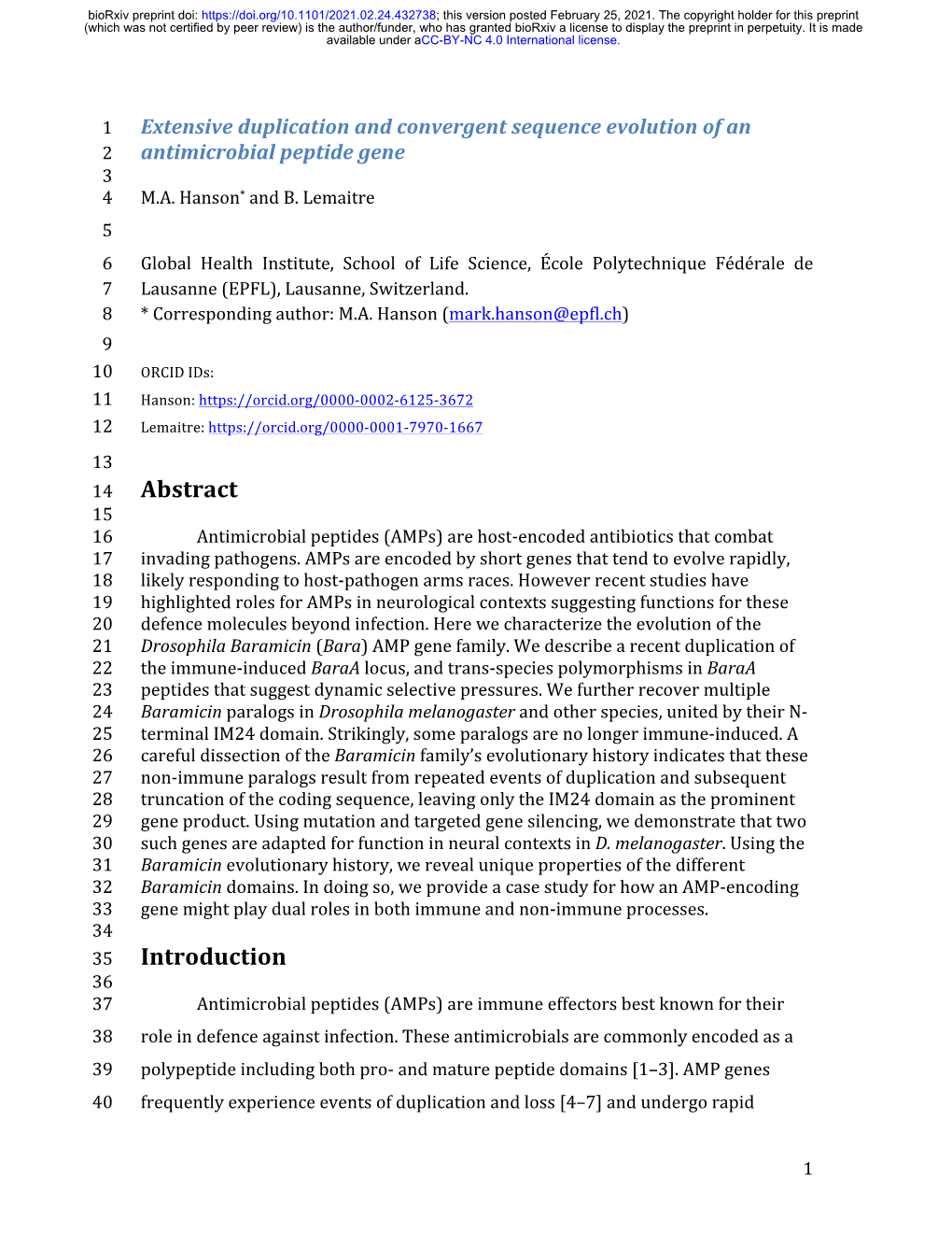 Extensive Duplication and Convergent Sequence Evolution of an 2 Antimicrobial Peptide Gene 3 4 M.A