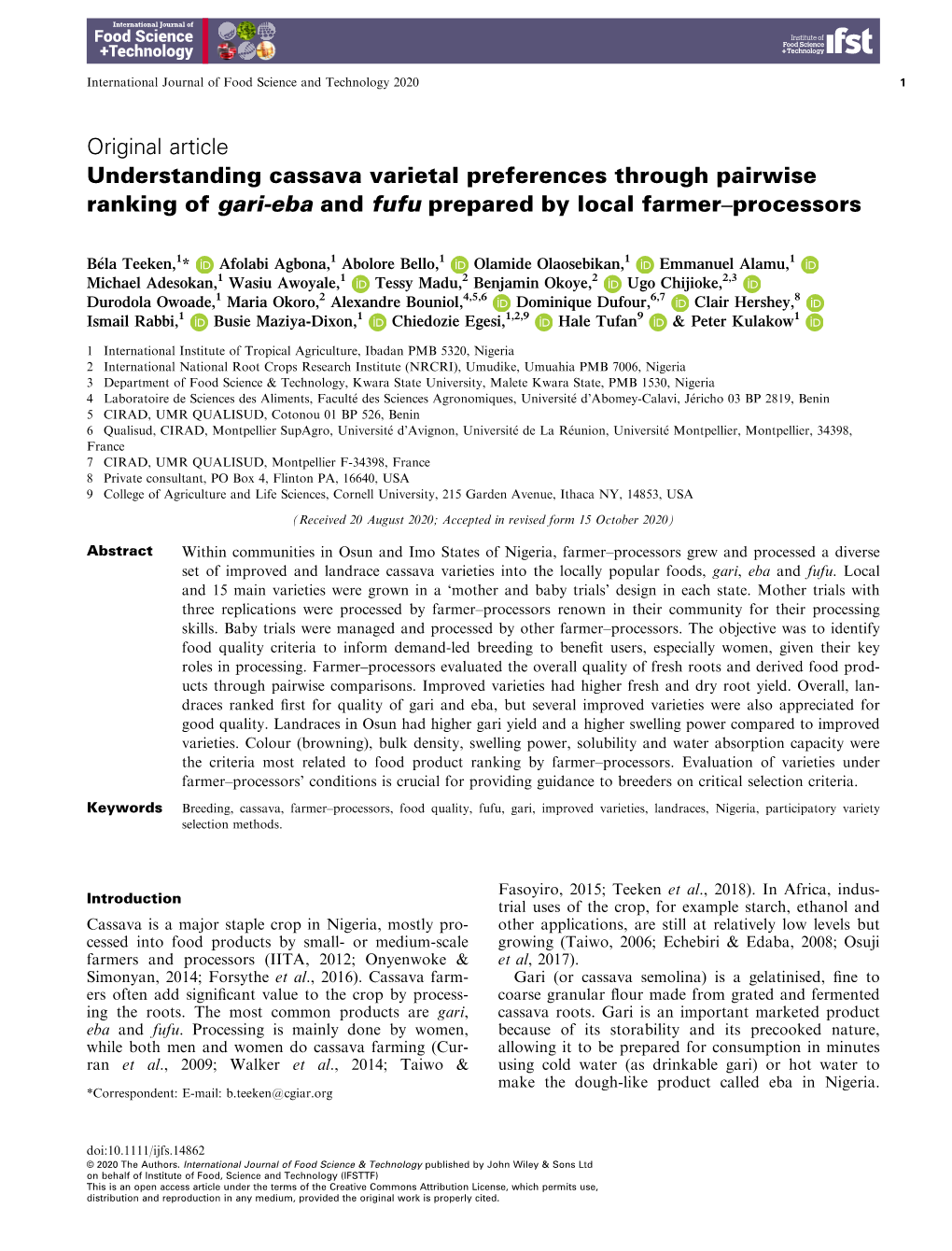 Understanding Cassava Varietal Preferences Through Pairwise Ranking of Gari‐Eba and Fufu Prepared by Local Farmer–Processors