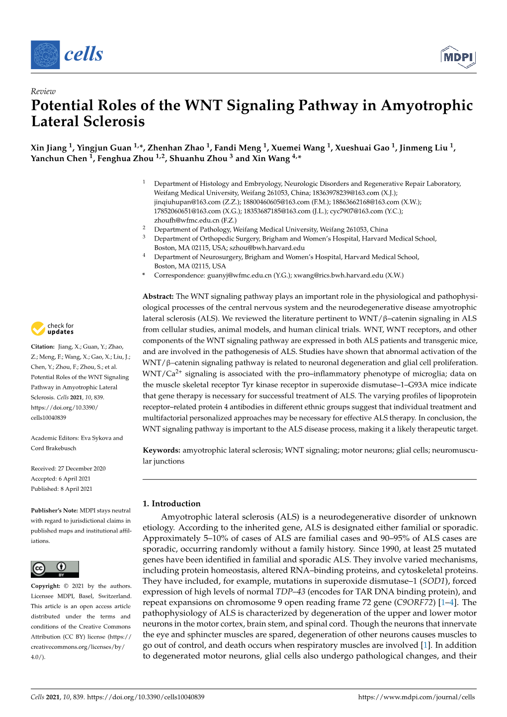 Potential Roles of the WNT Signaling Pathway in Amyotrophic Lateral Sclerosis