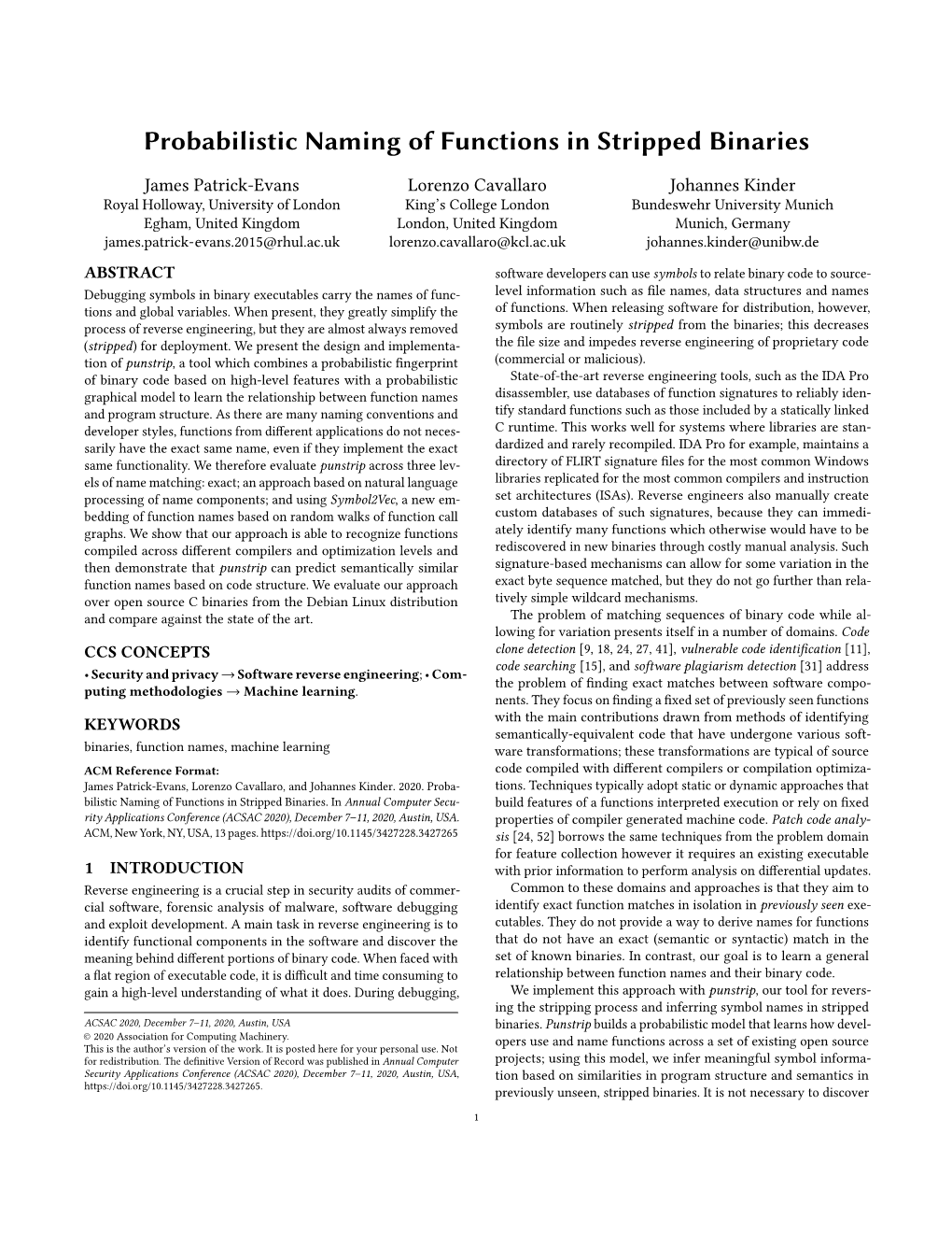 Probabilistic Naming of Functions in Stripped Binaries