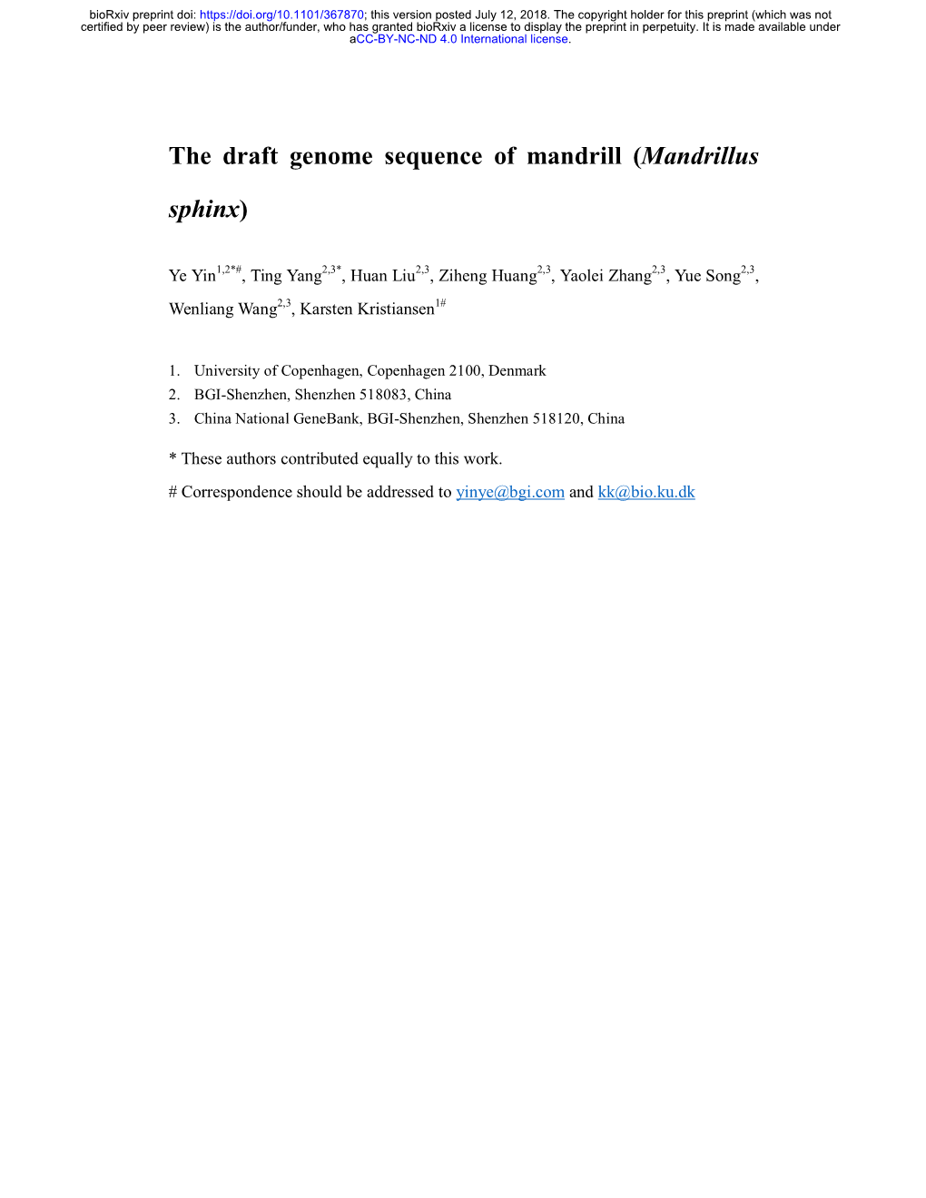 The Draft Genome Sequence of Mandrill (Mandrillus Sphinx)