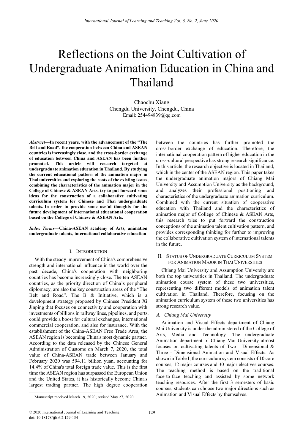 Reflections on the Joint Cultivation of Undergraduate Animation Education in China and Thailand