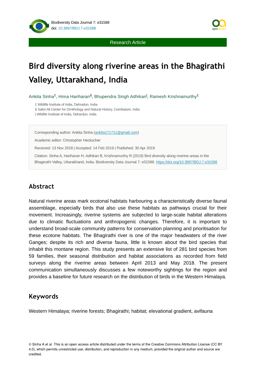 Bird Diversity Along Riverine Areas in the Bhagirathi Valley, Uttarakhand, India